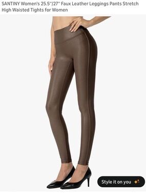 Large santiny faux leather High-Waist Leggings Brown nylon spandex